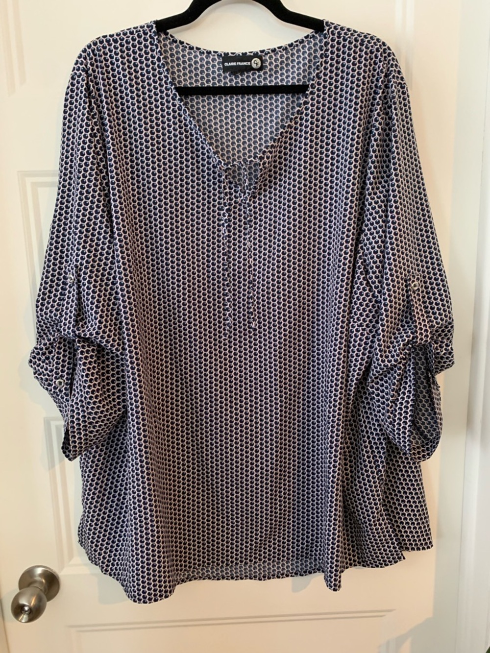 Claire France , women's light blouse  Navy & pink accentsGeometric V-Neck Blouse